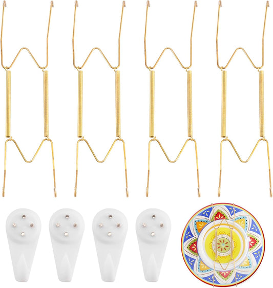 4 Pack Plate Hangers for The Wall Suitable for 9-11 inch Small Decorative Plate, Invisible Stainless Steel Plate Hangers for Display with Wall Hooks, for Plates/Platter/Dish/Picture(Gold)