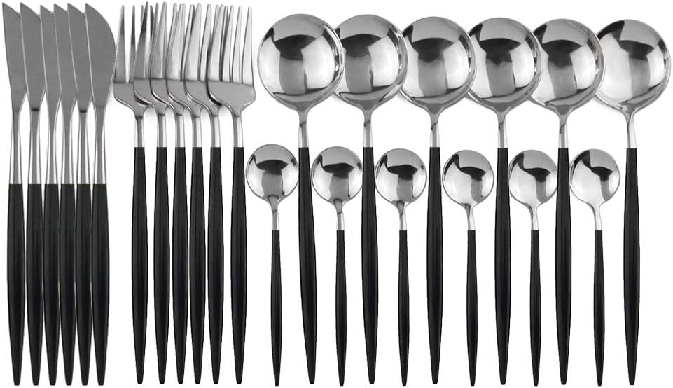 24-Piece Flatware Set, 18/0 Stainless Steel Knife Fork Spoon Teaspoon Silverware Set, Service for 6, Black Handle Silver
