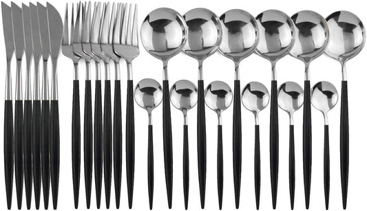 24-Piece Flatware Set, 18/0 Stainless Steel Knife Fork Spoon Teaspoon Silverware Set, Service for 6, Black Handle Silver