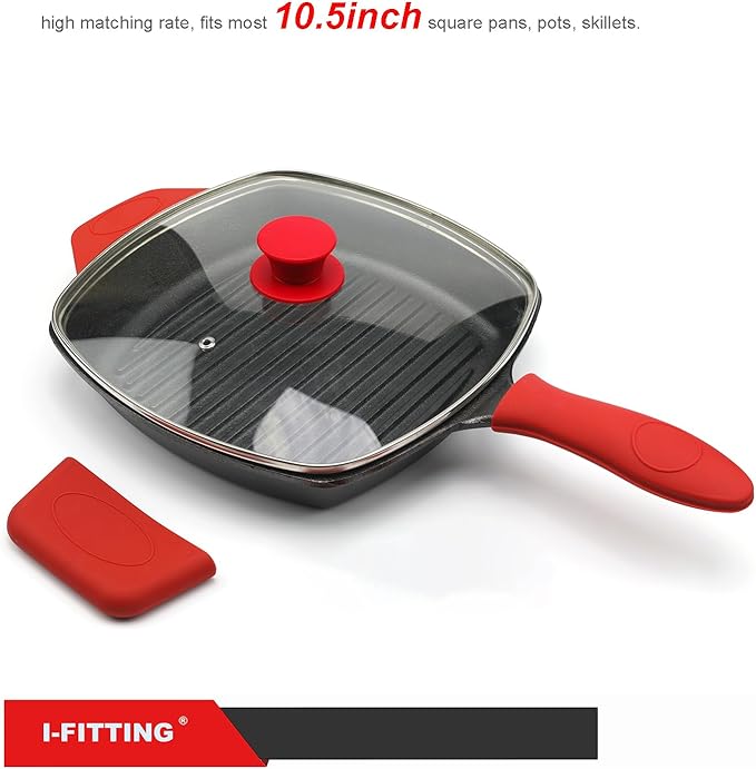 Square Glass Lid for Grill Pans with Steam Vent Hole - Fits Lodge Cast Iron Skillets 10.5inch/26.67cm Silicone Potholder- Square Tempered Glass Lid - Universal Replacement Cover Silicone Knob