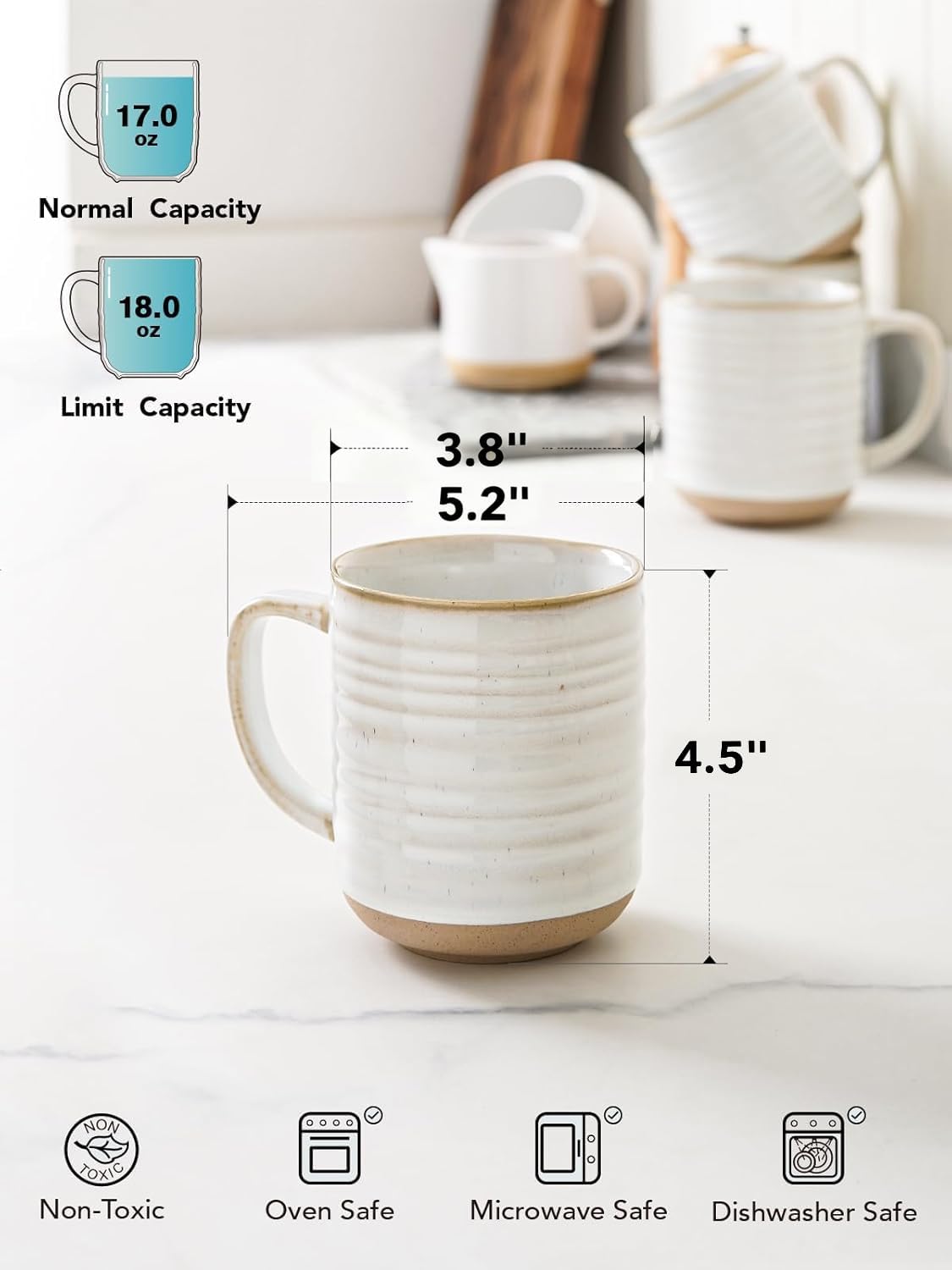 LE TAUCI Coffee Mugs 18 oz,Ceramic Mug Set, Coffee Cups for Latte, Hot Tea, Cappuccino, Mocha, Cocoa, Dishwasher Safe, Suit For Housewarming Wedding- 3.5 inch, Set of 4, Arctic White