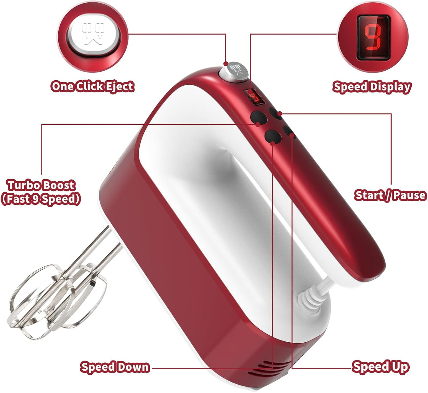 9-Speed Digital Hand Mixer Electric, 400W Powerful DC Motor, Baking Mixer Handheld with Snap-On Storage Case, 5 Stainless Steel Accessories, Flat Beaters, Dough Hooks, Whisk (Red&White)