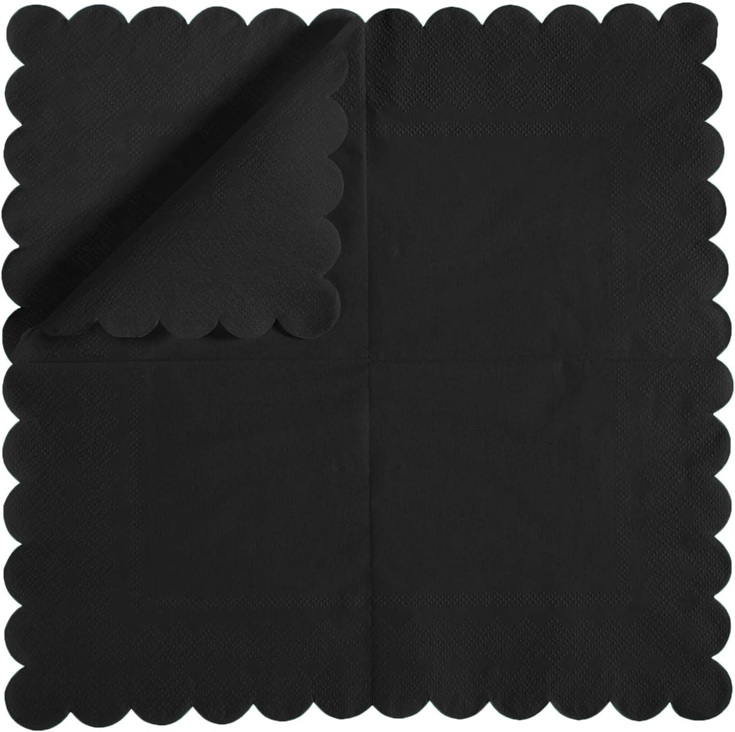 100 Pack Cocktail Napkin 2-Ply Scalloped Edged Dessert Napkins Folded 5 x 5 Inches Disposable Napkins for Dinner Wedding Birthday Party Bridal Anniversary Reception Event (Black)