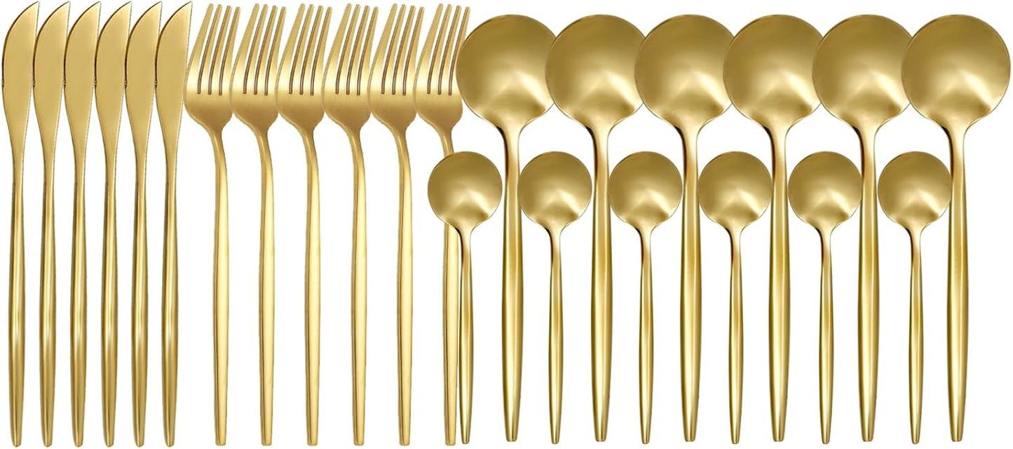 24-Piece Golden Flatware Set, Gold Silverware Set for 6, 18/0 Stainless Steel Knife Fork Spoon Teaspoon Silverware Set (Golden)