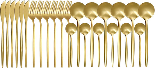 24-Piece Golden Flatware Set, Gold Silverware Set for 6, 18/0 Stainless Steel Knife Fork Spoon Teaspoon Silverware Set (Golden)