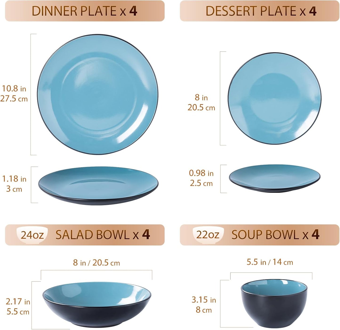 Plates and Bowls Sets for 4 - CJDC-QUELO 16-Piece Stoneware Dinnerware Sets, Ceramic Dishware Set for Indoor Kitchen Use and Formal Dining, Chip and Scratch Resistant Microwave Dishwasher Safe