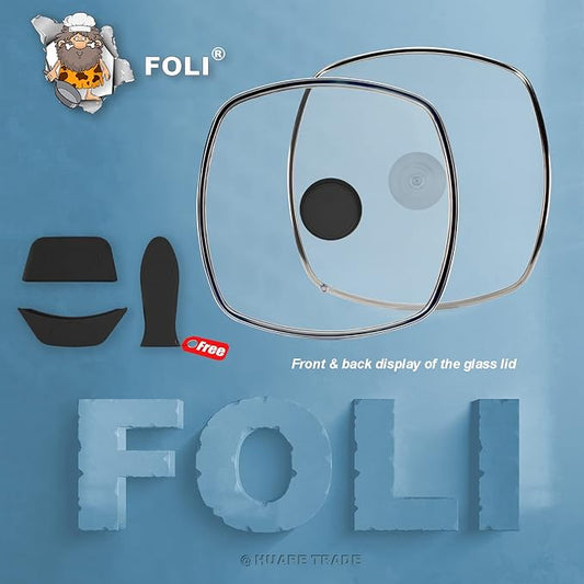 FOLI Square Glass Lid for Grill Pans with Steam Vent Hole - Fits Lodge Cast Iron Skillets 10.5inch/26.67cm Silicone Potholder- Square Tempered Glass Lid - Universal Replacement Cover Silicone Knob