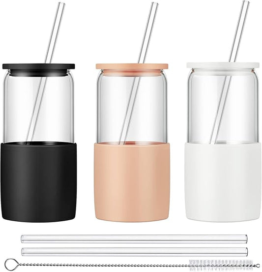 Sunseeke Glass Tumbler with Straw and Lid, 16oz Ice Coffee Cup, Silicone Sleeve Cleaning Brushes, Drinking Glasses for Water, Iced Coffee, Smoothie -BPA Free -3Pack