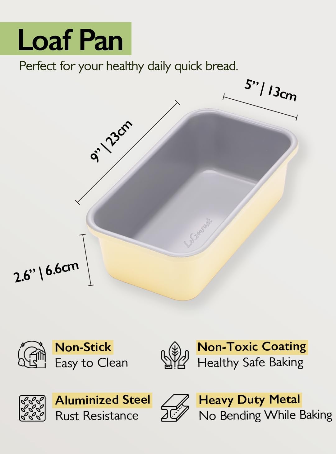 LeGourmet Nonstick Bread Loaf Pan 9 X 5 Inch, Ceramic Coating, Non-Toxic, Rust Resistant Aluminized Steel, Perfect 1 lb Baking Dish for Meatloaf, Pound Cake & Brownie (Butter 2pcs)