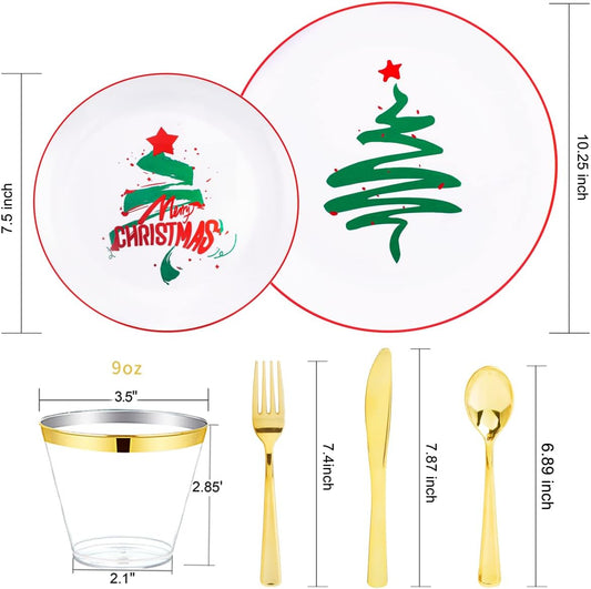KIRE 25 Guest Christmas Plates - White & Green Tree Plastic Plates & Gold Disposable Utensils & Clear Gold Cups for Christmas Parties