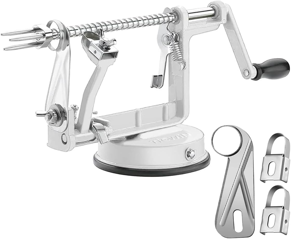 Apple Peeler Corer, Long lasting Chrome Cast Magnesium Alloy Apple Peeler Slicer Corer with Stainless Steel Blades and Powerful Suction Base for Apples and Potato(White)