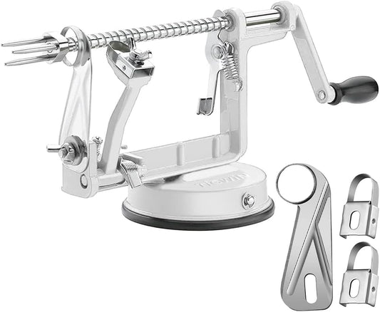 Apple Peeler Corer, Long lasting Chrome Cast Magnesium Alloy Apple Peeler Slicer Corer with Stainless Steel Blades and Powerful Suction Base for Apples and Potato(White)