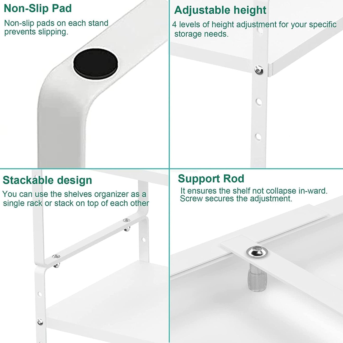 Redrubbit Expandable Cabinet Shelf Organizers, Stackable Kitchen Counter Shelves Spice Rack for Kitchen Bathroom Pantry Cupboard Desk Home Office, Metal Plate Heavy Duty Nonslip White, Set of 3