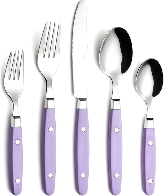 ANNOVA Silverware Set, Retro/Rivet Colorful Stainless Steel Tableware Kitchen Flatware Set Utensils, Includes Dinner Knives, Forks, Spoons, Salad Forks & Dessert Spoons (Lilac, 20 Pieces)