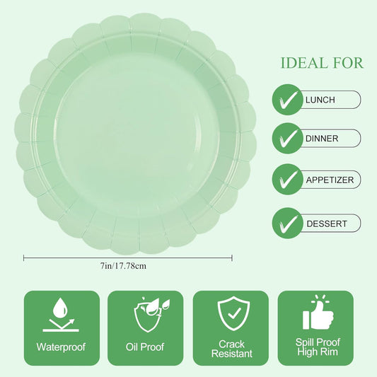 50Pcs Mint Green Paper Plates-7 Inch Solid Color Scalloped Disposable Birthday Dinnerware Set Disposable Dinner Party Supplies for Wedding Baby Shower Table Decor Pininc Fall Party Decor