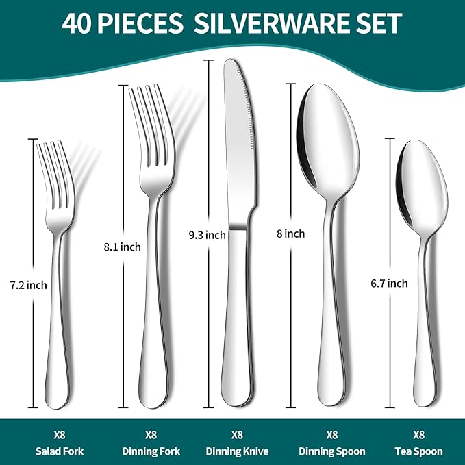 ENLOY 40 Piece Silverware Set for 8, Stainless Steel Flatware Set, Kitchen Utensil Set Cutlery Tableware for Home and Restaurant, Service for 8, Dinner Knives/Spoons/Forks, Dishwasher Safe