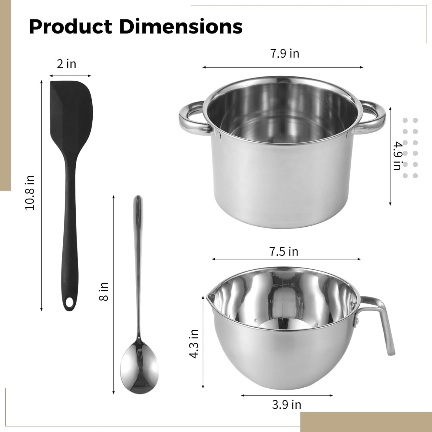 Double Boiler Set with Silicone Spatula - 2.0 QT Stainless Steel Double Boiler with Scale & Handle for Melting Chocolate, Soap, Wax, Candle Making