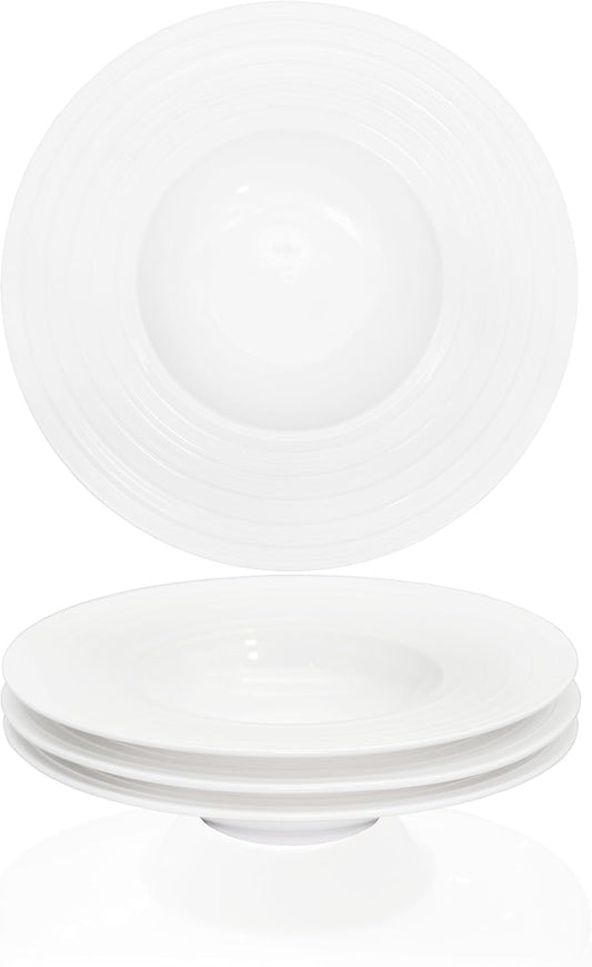 Ceramic Wide Rimmed Soup Plate, Soup Bowl 8 oz, Pasta Bowl Set of 4, White Shallow Bowl Plate with Rim, Best choice for high-end restaurants, hotels, and foodies, 9.6 Inch Coil relief
