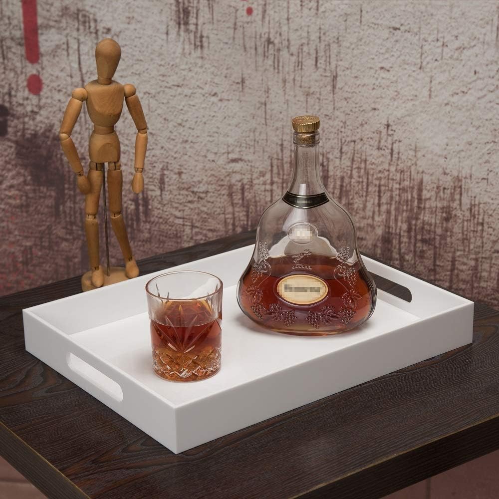 Glossy White Acrylic Serving Tray, 12x16Inch, Sturdy Kitchen Countertop Organizer, Decorative Vanity Table Tray, Ottoman Tray, 3/16 inch Thickness