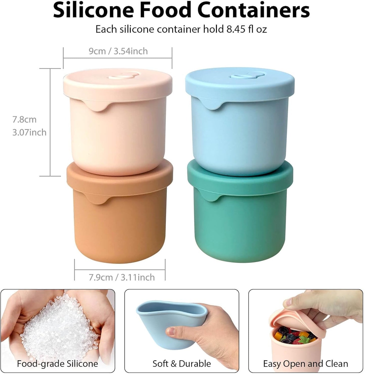4 Pack 8.5 oz Silicone Food Storage Containers with Lids, 1-Cup Reusable Snack Fruits Containers Cups, Leak Proof Soup Freezer Molds Small Lunch Box BPA Free for Kids Baby Daycare School Travel