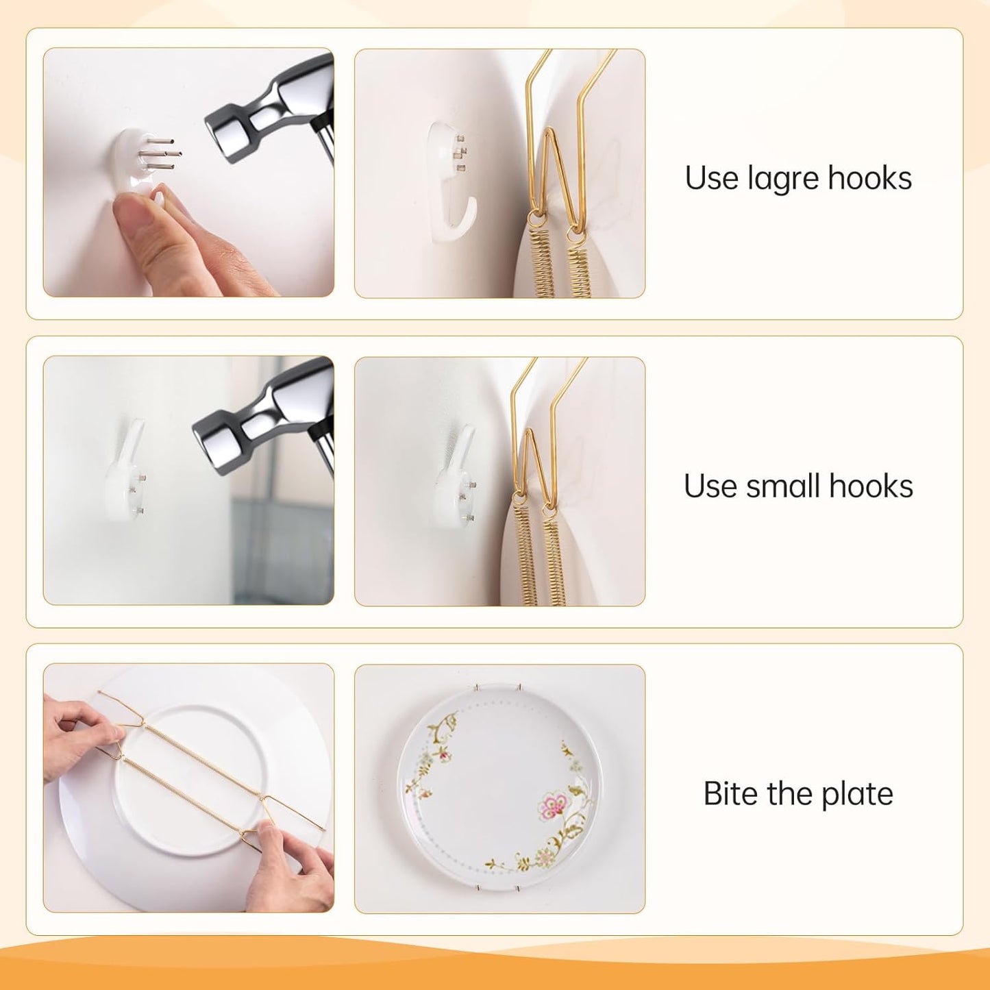 Bilillo 20 Pieces Stainless Steel Spring Plate Hangers for The Wall, 4/6/8/10 Inch Invisible Wire Holders with 20 Pcs Wall Hooks, Fit 4-11 Inch Decorative Plates, Platters & Dishes (Gold)