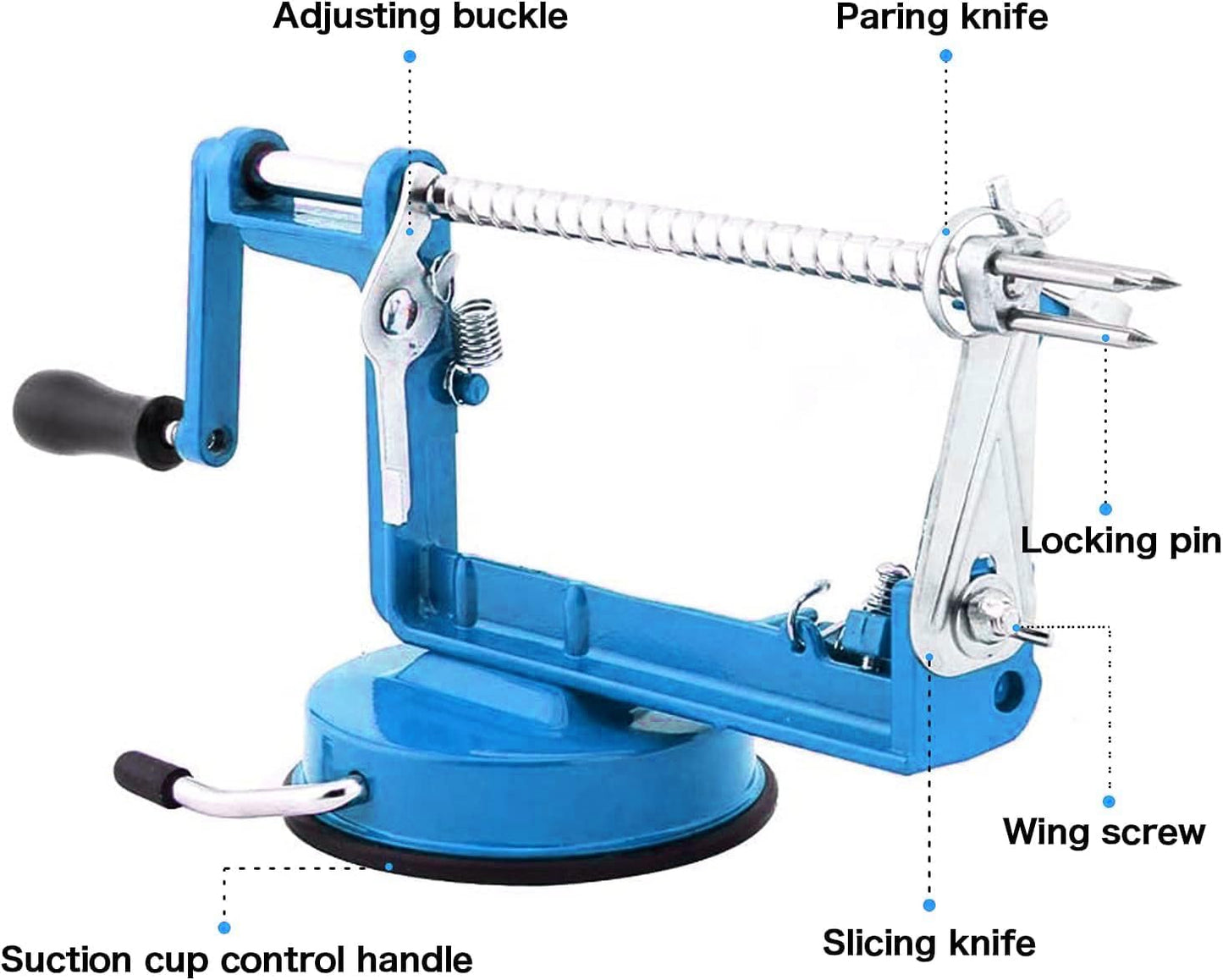 Apple Peeler Corer, Long lasting Chrome Cast Iron Apple Peeler Slicer Corer with Stainless Steel Blades and Powerful Suction Base for Apples and Potato(Blue)