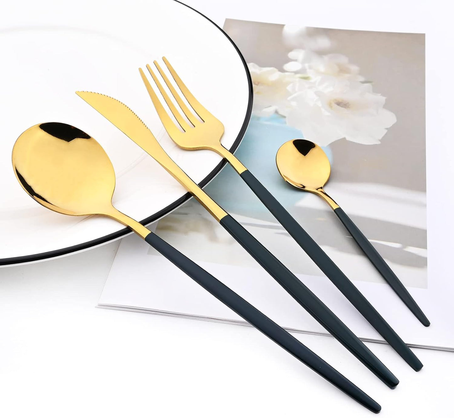 Mirror Cutlery Serving Set, 24-piece 18/0 Stainless Steel Silverware With Green Handle Simple & Modern Tableware For Home Party Restaurant Christmas Dinner, Service For 6 (Green Gold)