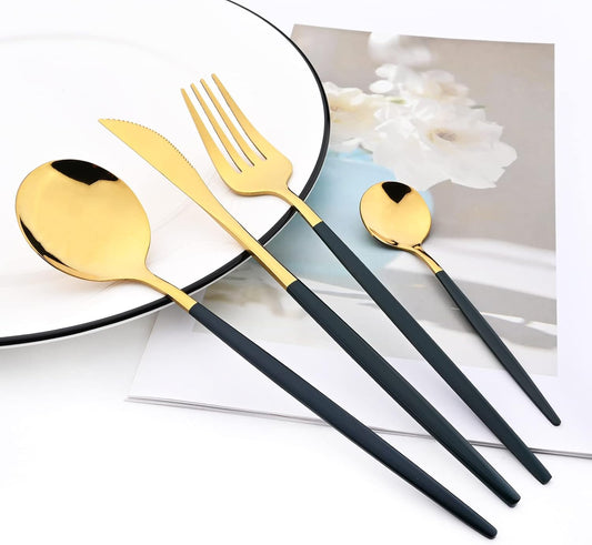 Mirror Cutlery Serving Set, 24-piece 18/0 Stainless Steel Silverware With Green Handle Simple & Modern Tableware For Home Party Restaurant Christmas Dinner, Service For 6 (Green Gold)