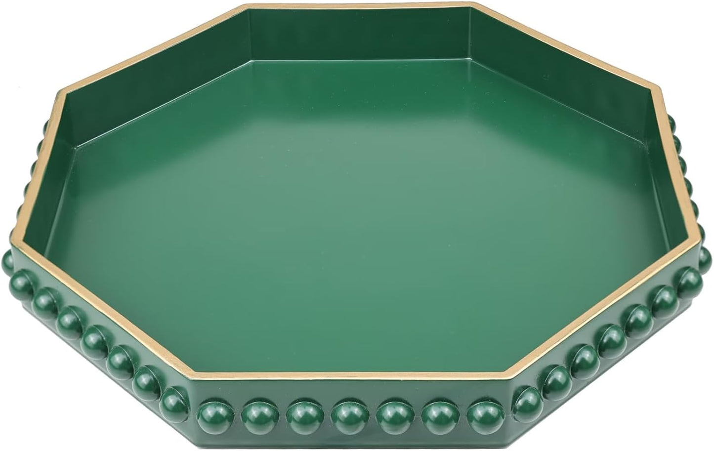 Green Serving Tray for Coffee Table, Octagonal Beaded Plastic Decorative Tray for Ottoman, Kitchen Counter, Living Room, Outdoor Lacquer Tray for Entertaining