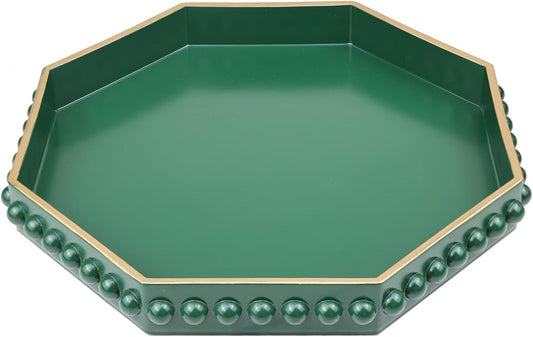 Green Serving Tray for Coffee Table, Octagonal Beaded Plastic Decorative Tray for Ottoman, Kitchen Counter, Living Room, Outdoor Lacquer Tray for Entertaining