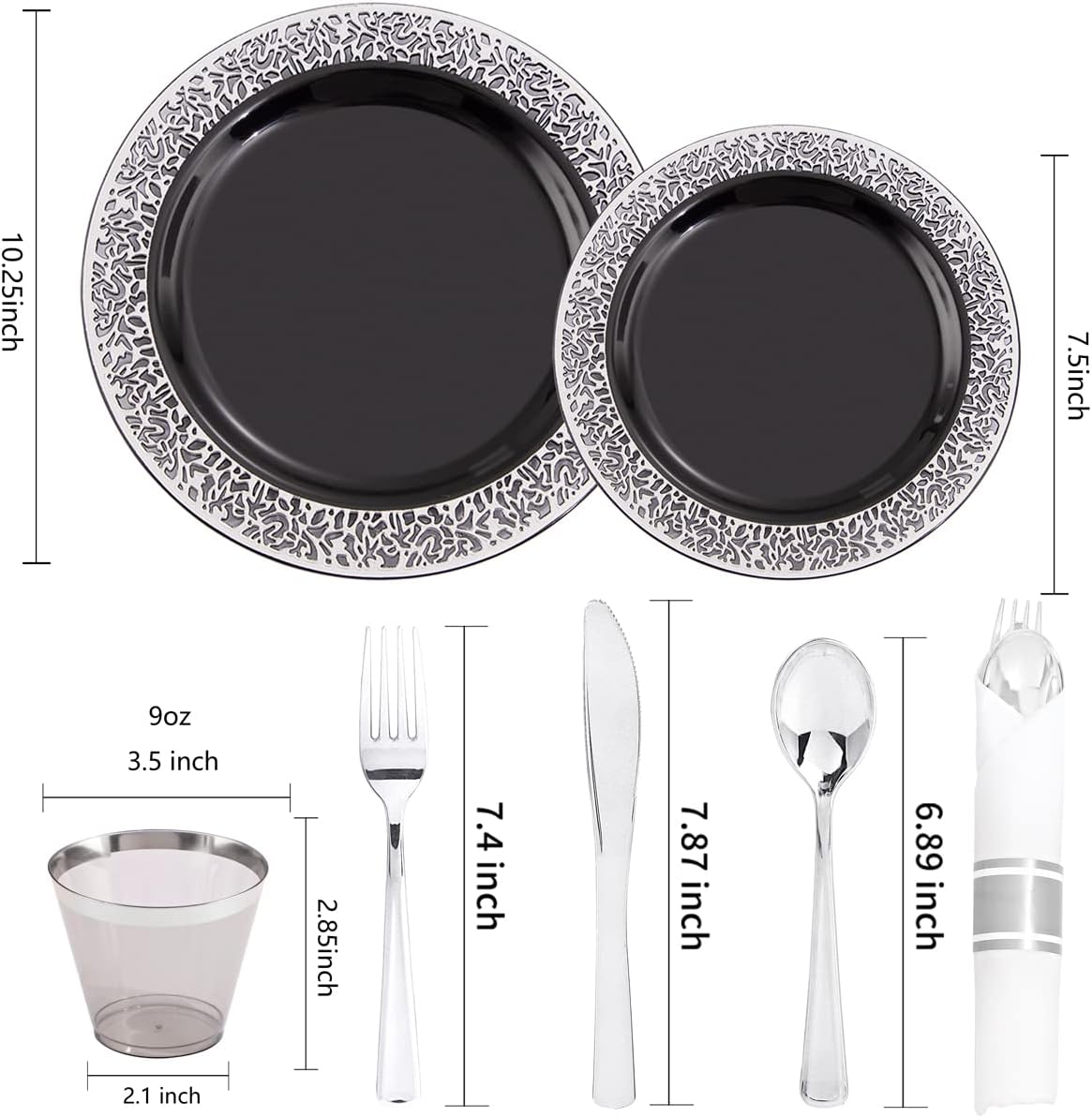 NOCCUR 210PCS Black and Silver Dinnerware Set for 30 Guests - Black Plastic Plates with Silver Rim Include 30 Dinner / 30 Dessert Plates, 30 Prewrapped Silverware, 30 Cups Ideal for Party, Halloween