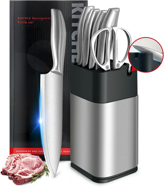 6Pcs Professional Chef Knife Block Set, Silver Stainless Steel Sharp Knives Set for kitchen with Built-in Sharpener Ergonomic Handle, Heavy Duty Cleaver &Butcher for Meat Bone Vegetables Fruit Cutting