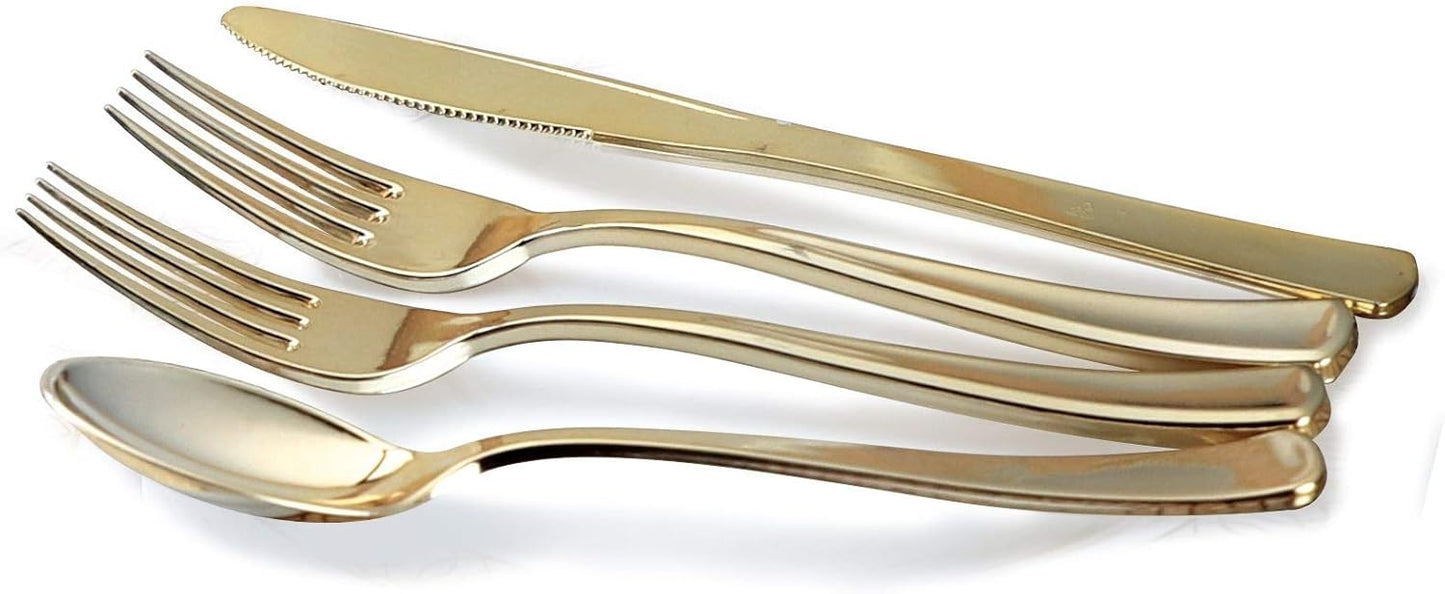 " OCCASIONS " 150pcs set (25 Guests)-Extra Heavyweight Vintage Wedding Disposable/Reusable Plastic Plates (25 x 11'' + 25 x 8.25'') + Silverware (Chateau Collection in Ivory)