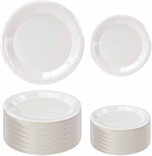 50 Pcs Iridescent White Paper Plates 25 × 7'' and 25 × 9'' Disposable White Shiny Holographic Foil Dinner Plates for Wedding Baby Shower Birthday Christmas Party Glitter Dessert Plate