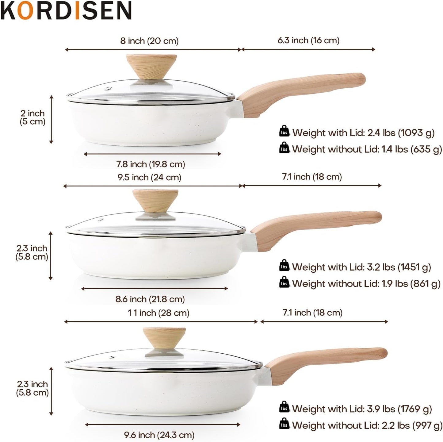 Kordisen Ceramic Nonstick Frying Pan Skillet Set with Lid, 3 Piece Ceramic Pans for Cooking Non Toxic, Healthy Induction Cookware, Stay-Cool Handle, PFOA & PFAS Free (8 Inch, 9.5 Inch, 11 Inch)