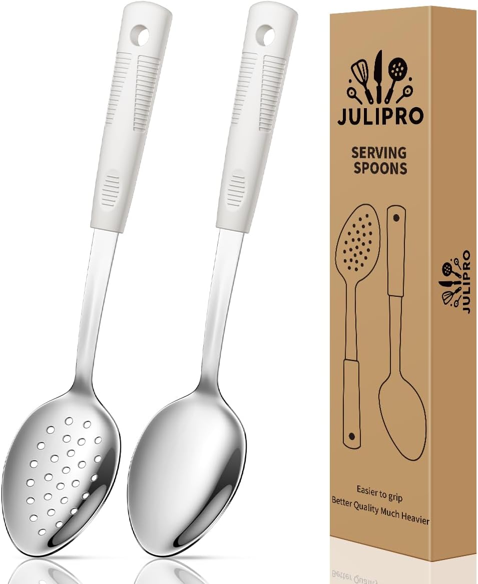 2-Piece,Stainless Steel Serving spoons set with Slotted Spoon.Serving Spoon and Perforated Spoon, kitchen cooking serving utensils set cooking spoon-Beige