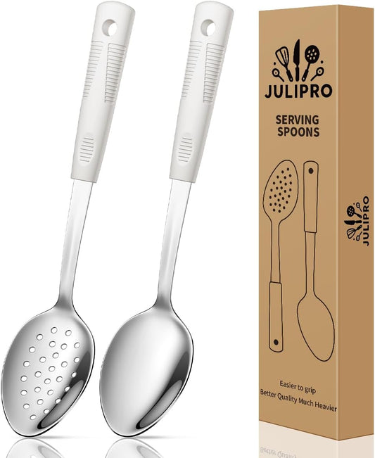 2-Piece,Stainless Steel Serving spoons set with Slotted Spoon.Serving Spoon and Perforated Spoon, kitchen cooking serving utensils set cooking spoon-Beige