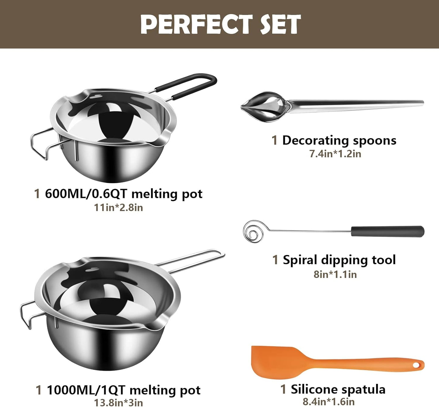 Artcome 5pcs Double Boiler Melting Pot Set - 600ML/0.6QT and 1000ML/1QT Chocolate Stainless Steel Melting Pot, Decorating Spoons, Silicone Spatula and Dipping Tool for Melting Chocolate, Candy, Soap
