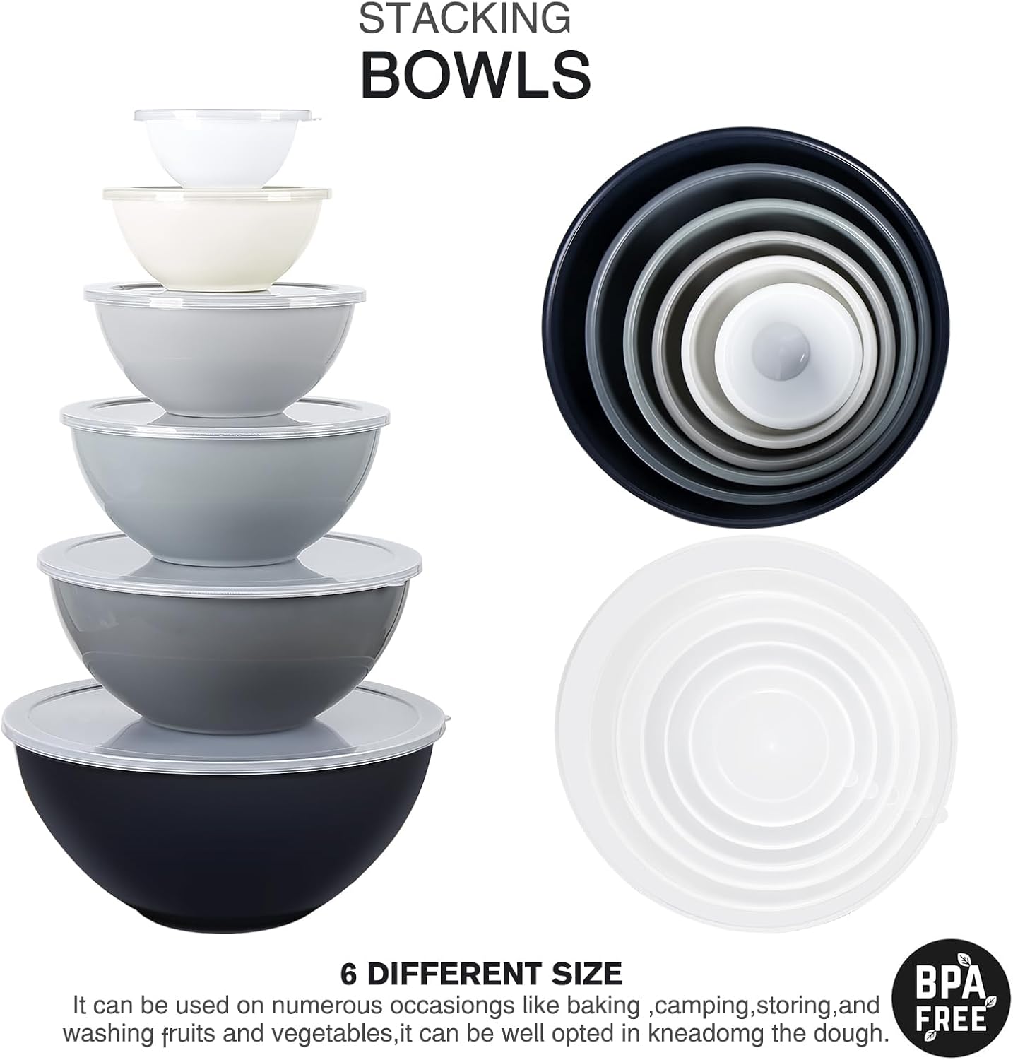 6-Piece Plastic Mixing Bowl Set with Lids for Kitchen, Nesting Storage Bowls for Baking, Prepping,Cooking and Serving Food, Dishwasher, Microwave Safe,Great for Mixing & Serving,Gray