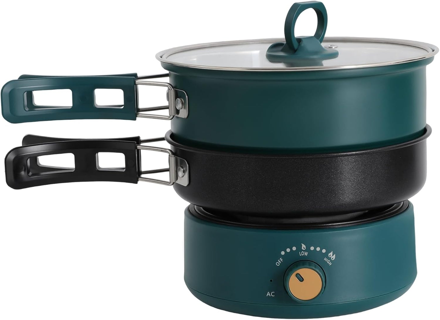 500W 0.42 Gal Portable Electric Hot Pot with Foldable Handles, Multi-function Non-stick Mini Cooker for Ramen Soup Pasta Steak, Power Adjustment & 110V Personal Travel Hot Pot Cooker (Green)
