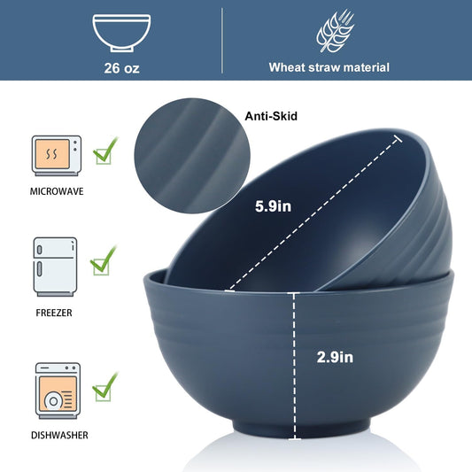 Wheat Straw Bowl Sets,8 PCS Unbreakable Cereal Bowls 26 OZ,Microwave and Dishwasher Safe Bowls,Kitchen Bowl suitable for cereal,salad,snack and soup (Navy Blue)