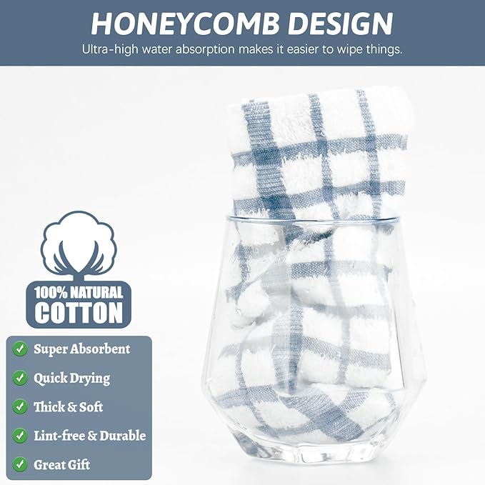 Nialnant 8 Pack Kitchen Towels and Dishcloths Sets,100% Cotton Soft Absorbent Quick Drying Dish Towels for Kitchen,Washing Dishes-Little Blue Plaid,12 x 12 in