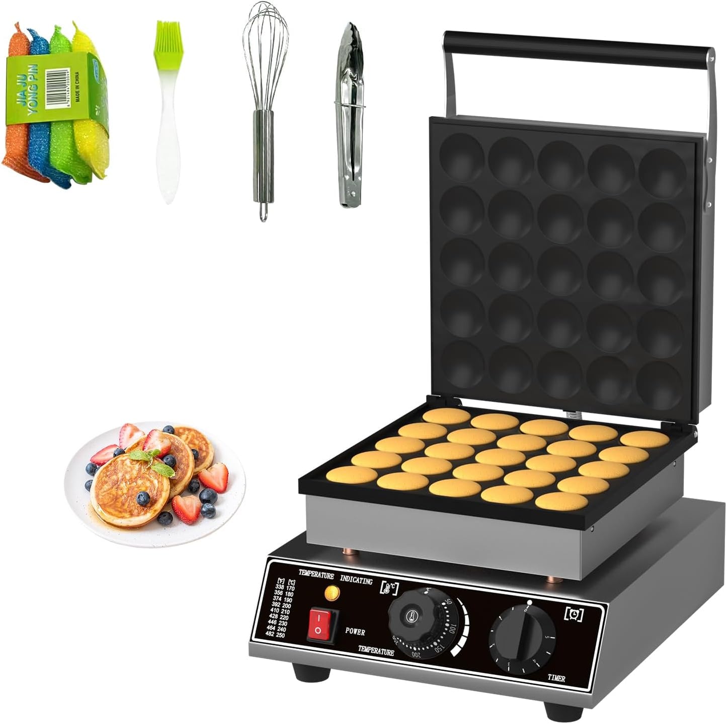 25-Cavity Commercial Mini Dutch Pancake Maker, 1750W Electric Nonstick Stainless Steel Pancake Machine with Timer and Lid for Restaurants, Parties, and Home Use