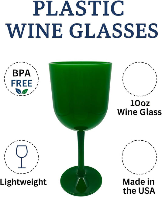 Party Outlaw Plastic Wine Glasses 4 Pc 10oz, Classic Wine Drinking Glasses, BPA-Free, Lightweight, Heavy Duty, Reusable, Shatter - Proof, Dishwasher Safe, Made in USA (Green)