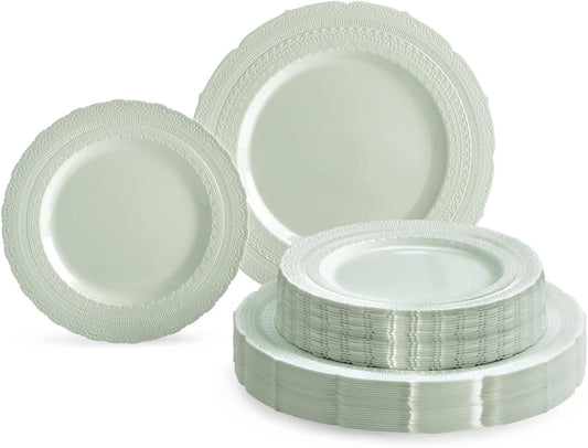 " OCCASIONS " 80 Plates Pack,(40 Guests) Extra Heavyweight Vintage Wedding Disposable/Reusable Plastic Plates 40 x 11'' Dinner + 40 x 8.25'' Salad/Dessert Plate (Chateau in Mint)