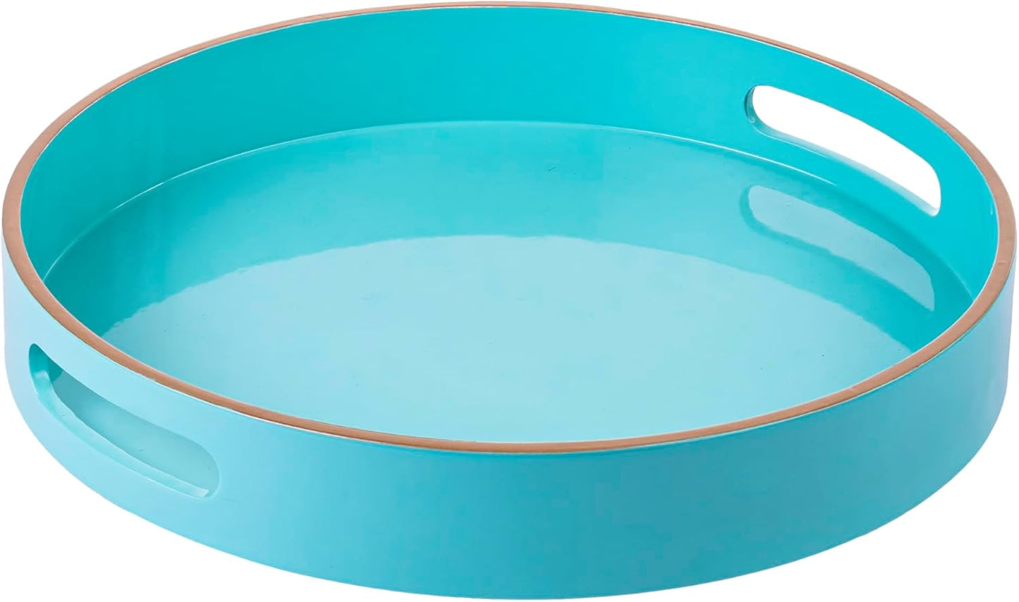 PEMAR 12.6" Round Lacquer Serving Tray with Insert Handle Decorative Basket Tray for Breakfast, Dinner, Coffee Table Decor (Aqua)
