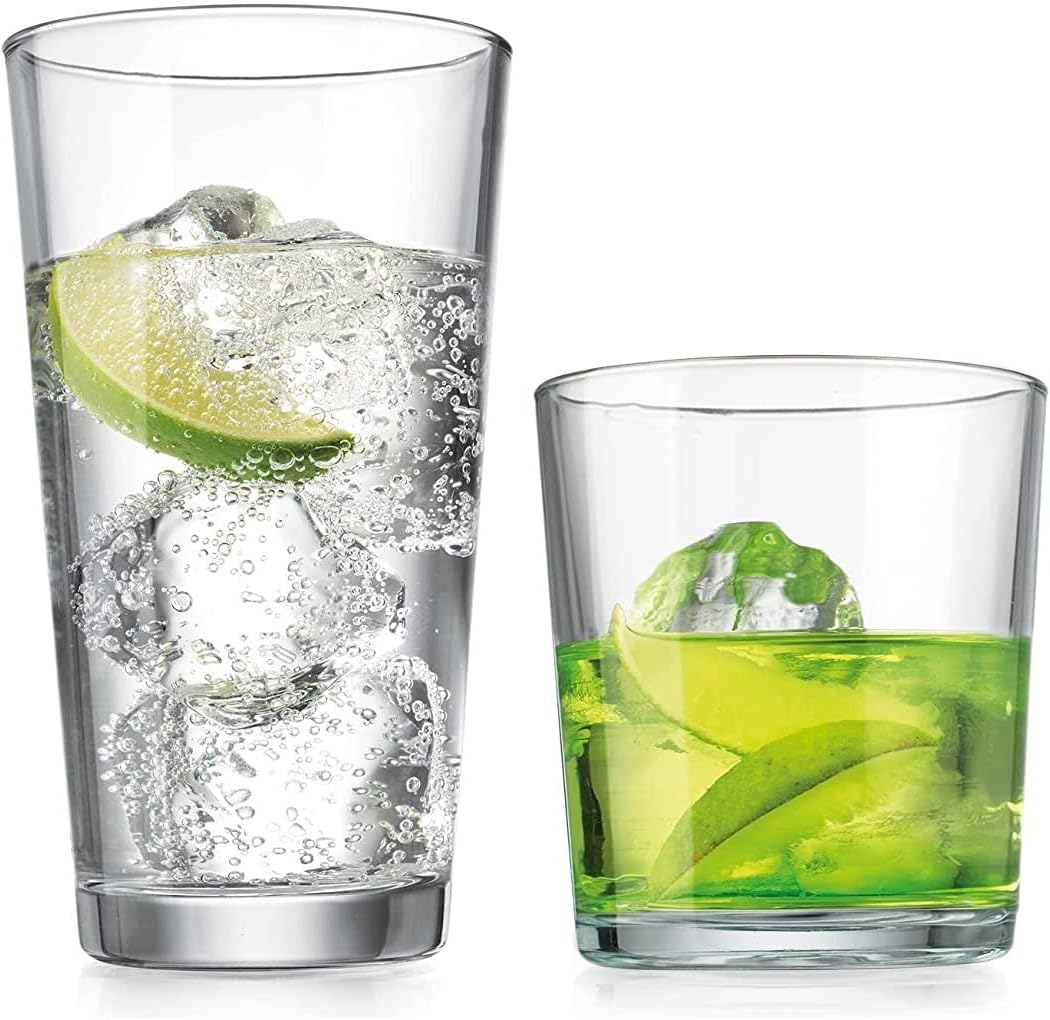 Glaver's Drinking Glasses Set of 12. Glassware set, 6 Highball Glass Cups, 6 Whiskey glasses.17 oz Tall Glass Set and 13 oz Rock Glasses. Classic Drinkware Set