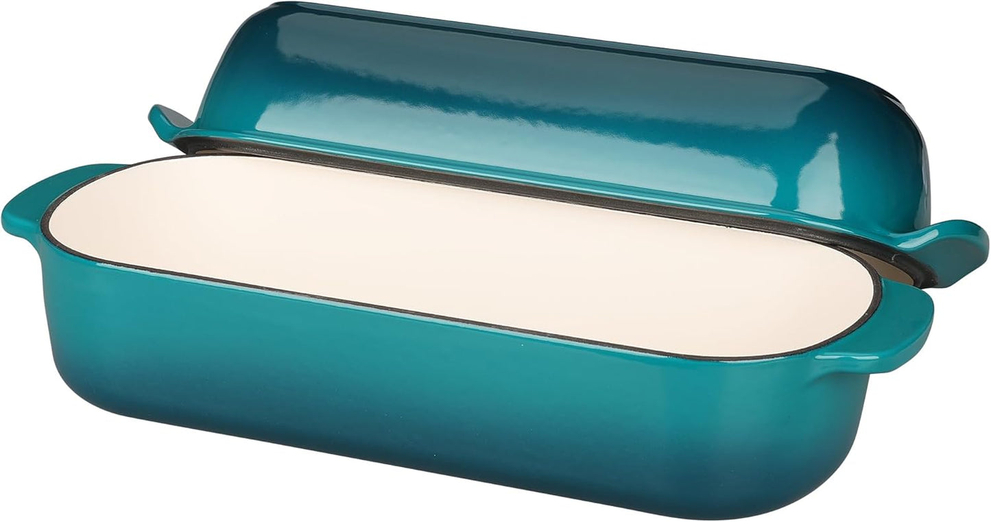 Enameled Cast Iron Loaf Pan with Lid, Dutch Oven Bread pan for Homemade Sourdough Bread Baking, 12.5x5.5 inch, 5qt, Darkcyan