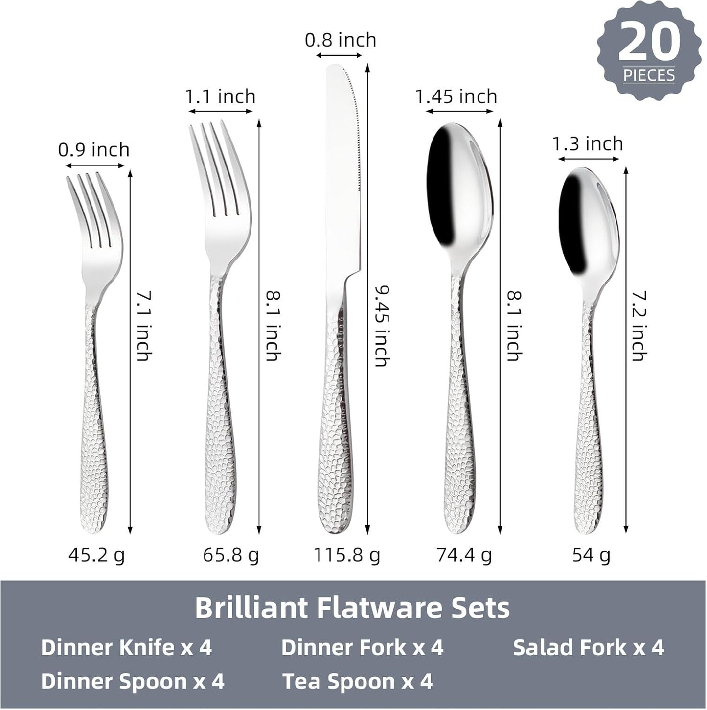 Hammered Silverware Set, CITESANA 20-Piece Heavy Duty Mirror Polished Stainless Steel Flatware Set Cutlery Set Flatware Service for 4