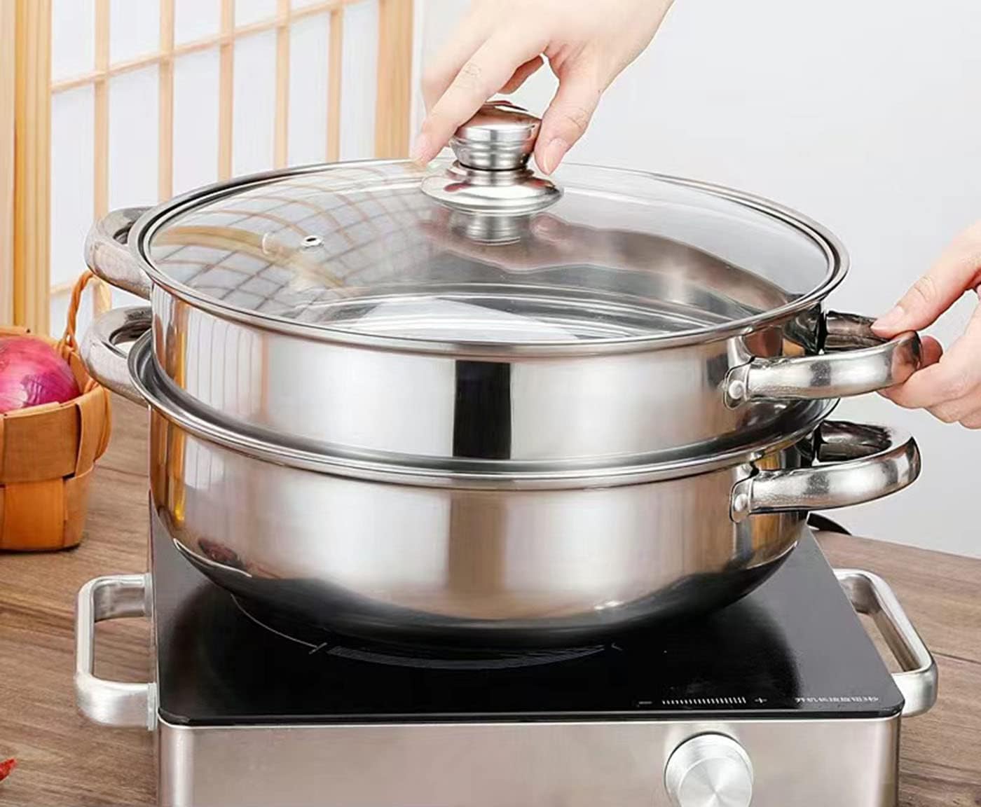 Steamer for Cooking, 5.0 Quarts Stainless Steel Steamer Pot, 3-Tier Food Steam Pots with Lid for Cooking Vegetables, Seafood, Soups, Stews and Pasta, 11 x 8.9 inch
